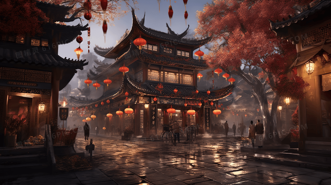 彩色中国风古镇风景