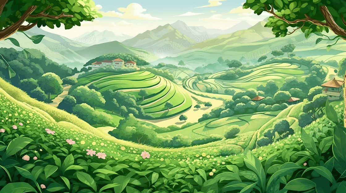 绿色自然茶山风景插画
