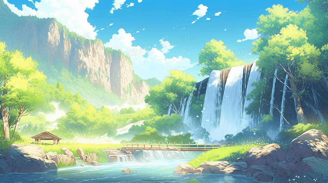 绿色夏季清凉瀑布河流插画