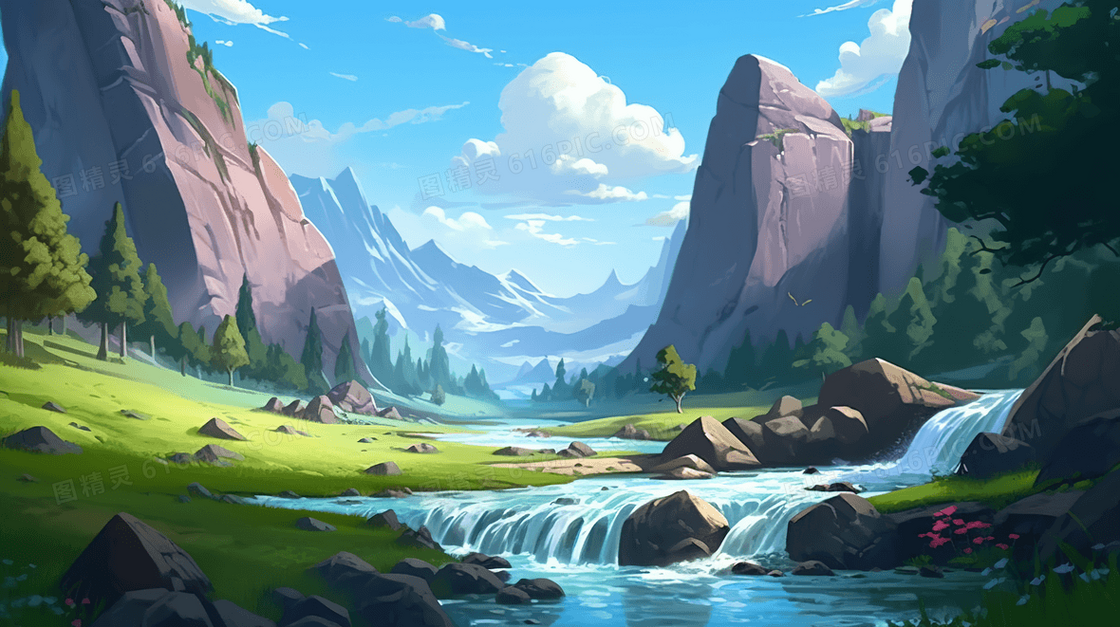 彩色夏季清凉瀑布小溪风景