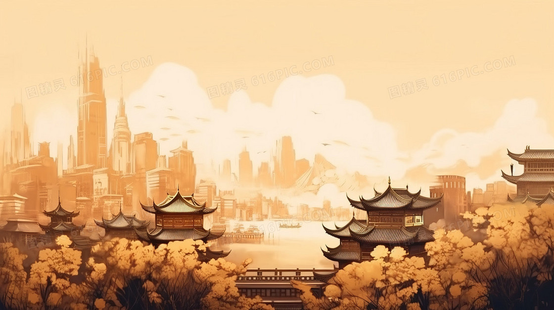 金色奢华大气创意中国风中式园林建筑亭台楼阁创意插画