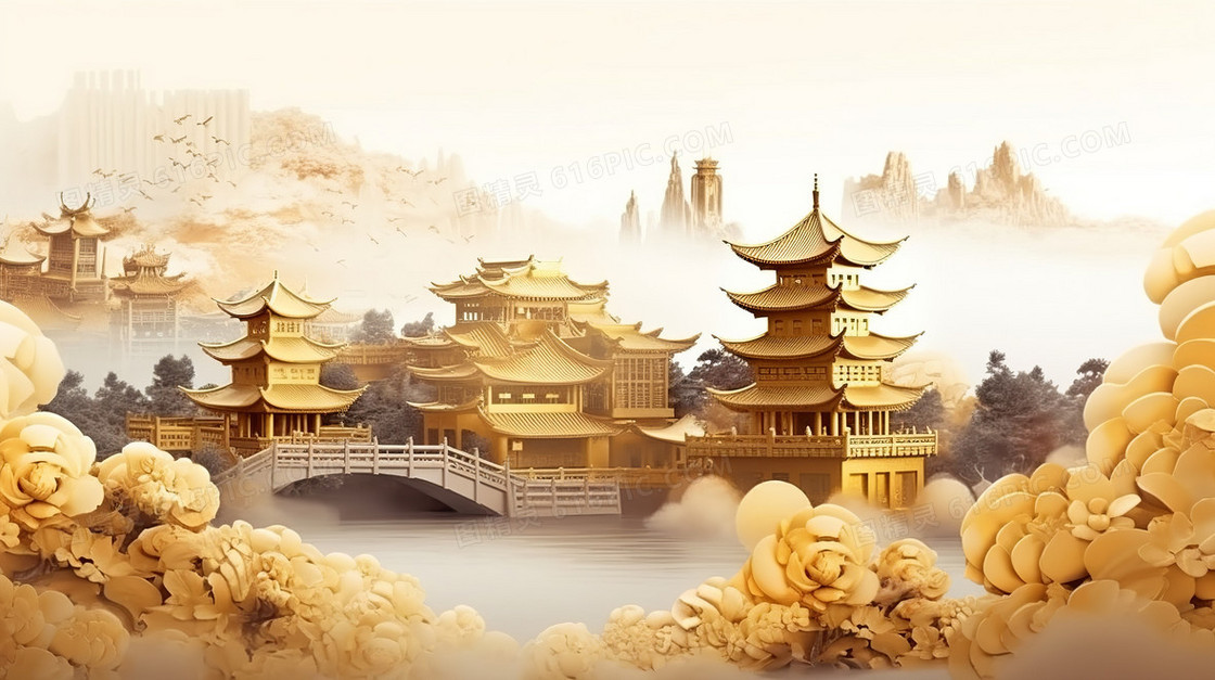金色奢华大气创意中国风中式园林建筑亭台楼阁创意插画