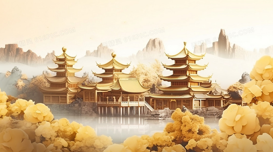 金色奢华大气创意中国风中式园林建筑亭台楼阁创意插画