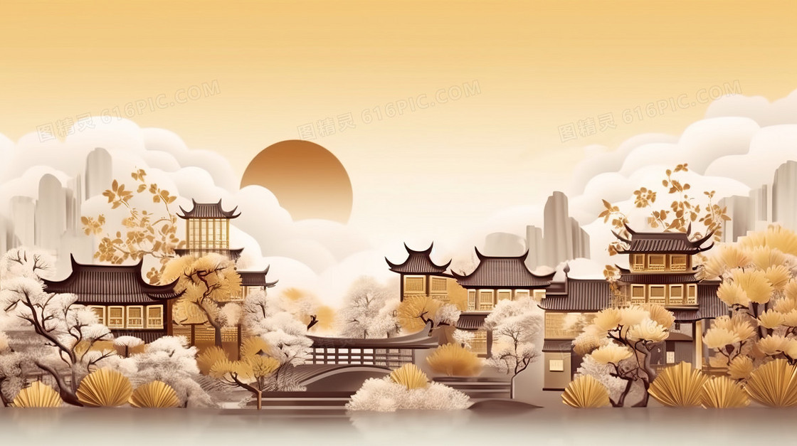 金色奢华大气创意中国风中式园林建筑亭台楼阁创意插画