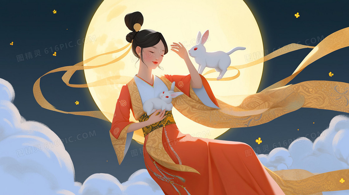 唯美中国风飞在云端的嫦娥仙子中秋节创意国潮插画