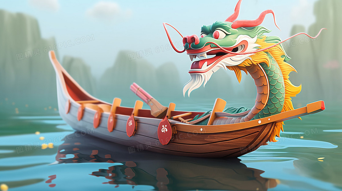 端午节湖面上的霸气龙舟创意插画