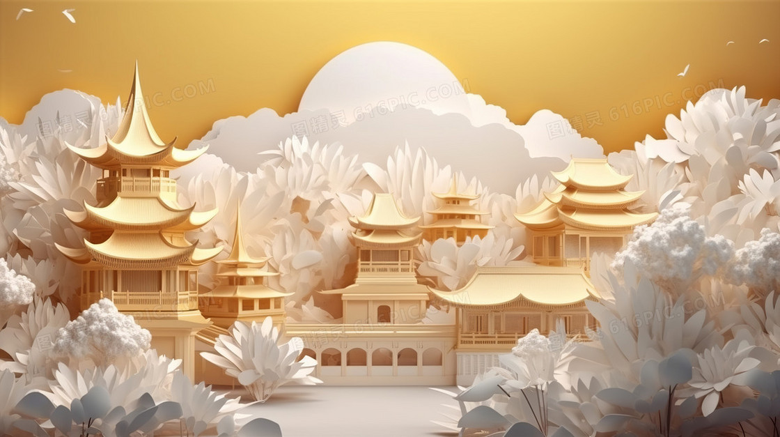 金色奢华大气创意中国风中式园林建筑亭台楼阁创意插画