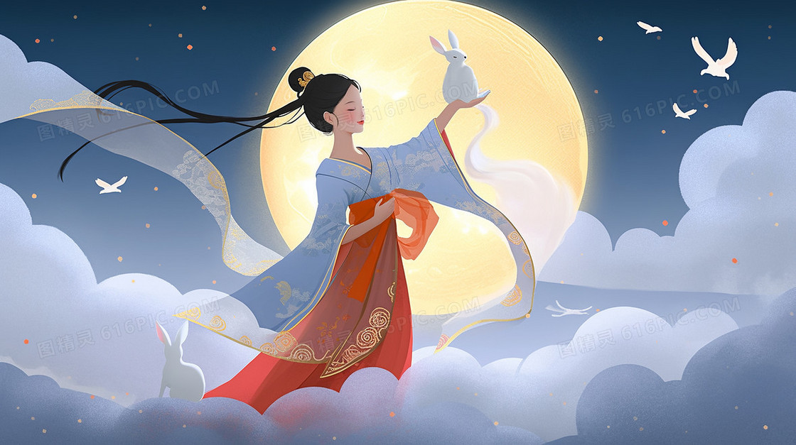 唯美中国风飞在云端的嫦娥仙子中秋节创意国潮插画
