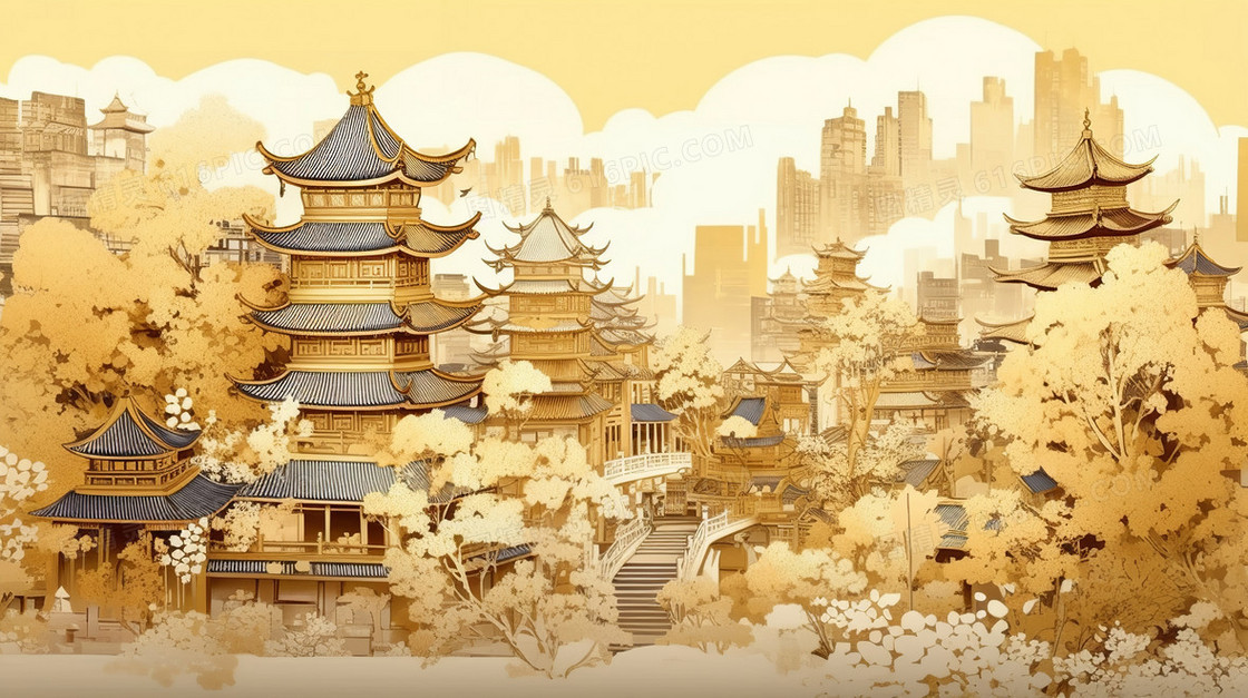 金色奢华大气创意中国风中式园林建筑亭台楼阁创意插画