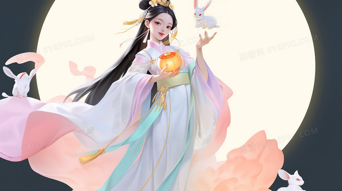 优雅古风美女嫦娥仙子在月亮前起舞创意中秋节插画