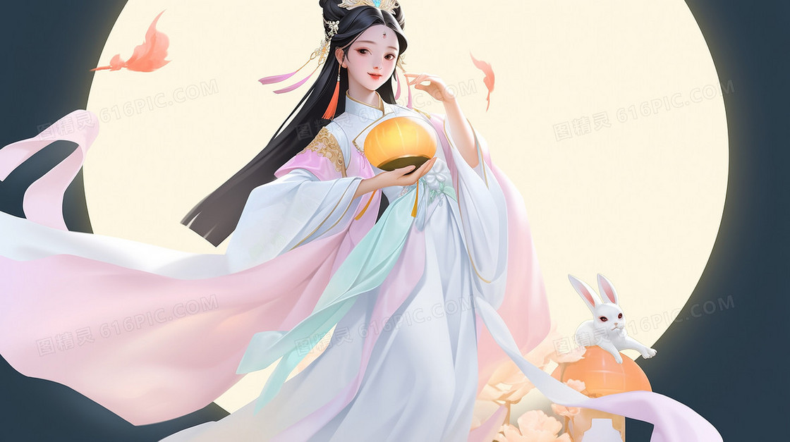 优雅古风美女嫦娥仙子在月亮前起舞创意中秋节插画