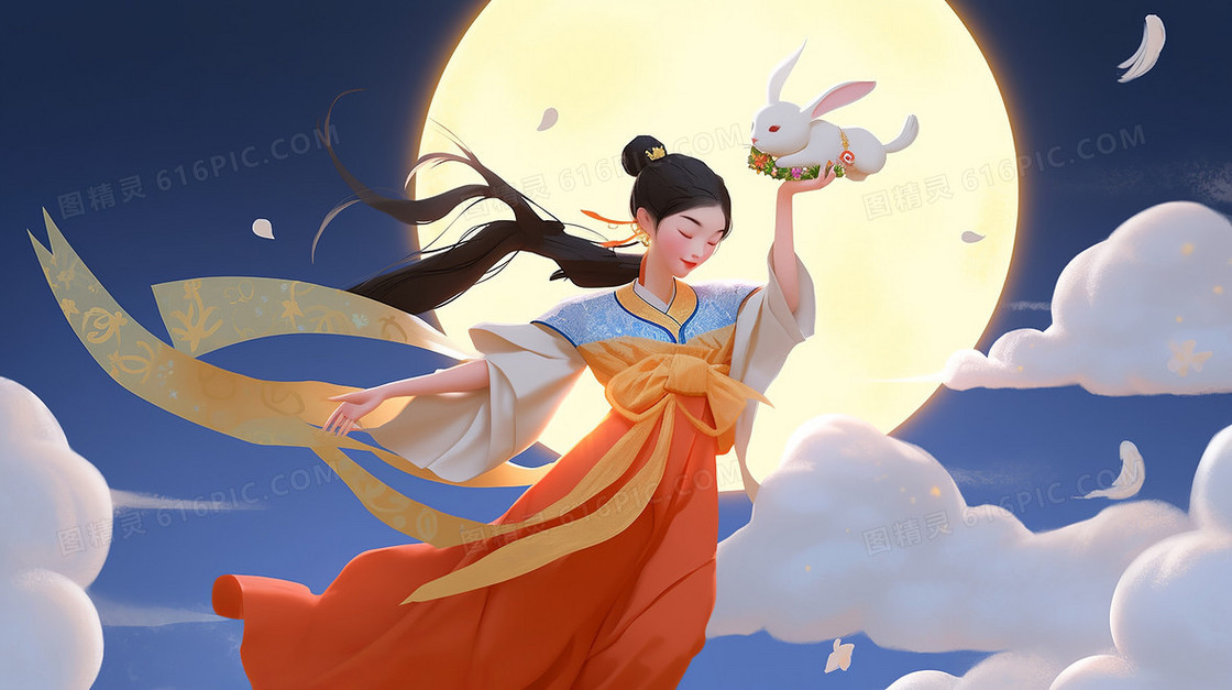 唯美中国风飞在云端的嫦娥仙子中秋节创意国潮插画