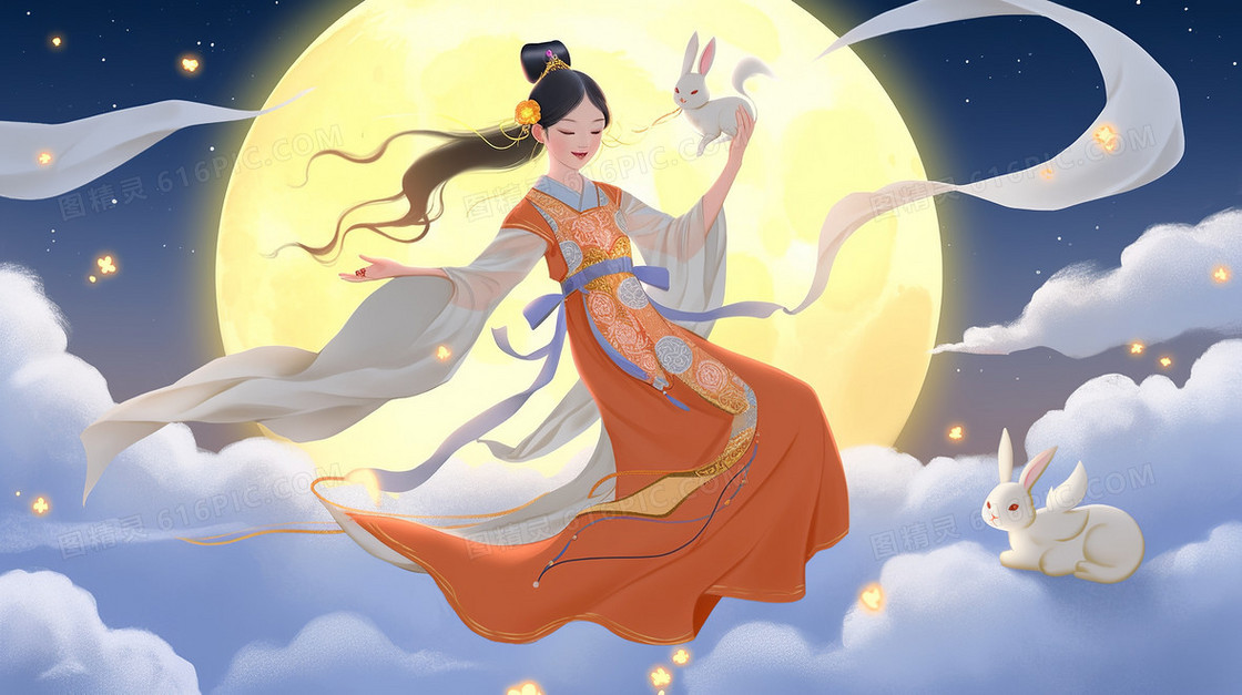 唯美中国风飞在云端的嫦娥仙子中秋节创意国潮插画