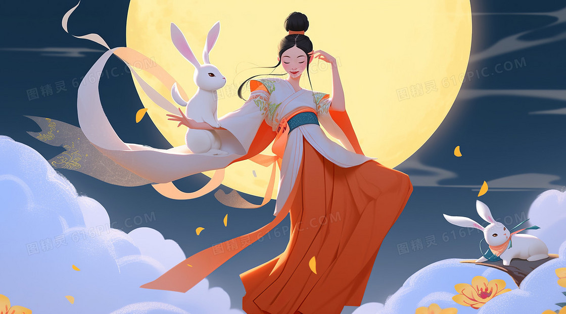 唯美中国风飞在云端的嫦娥仙子中秋节创意国潮插画