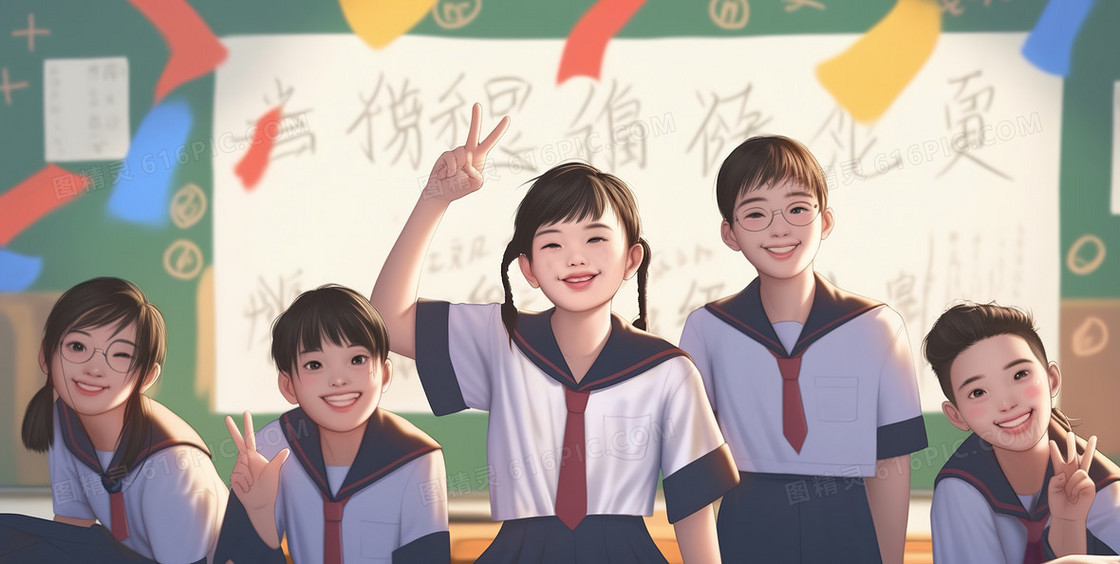 毕业季可爱的学生们在教室合影留念创意插画