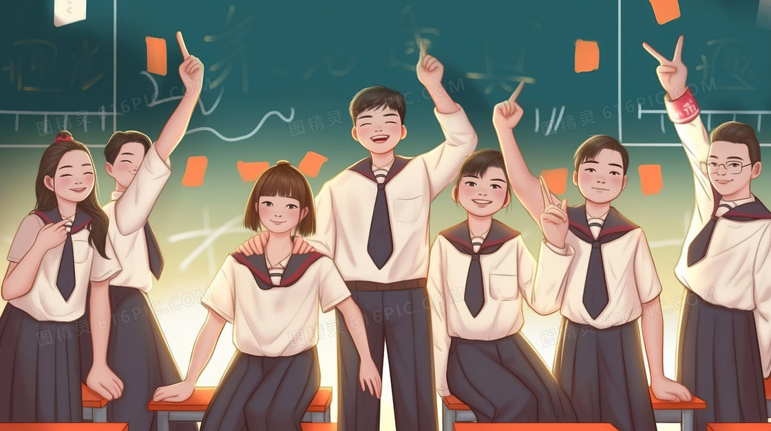 穿着校服的学生们开心的在教室合影
