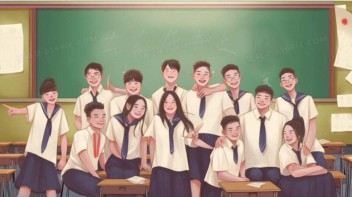 穿着校服的学生们开心的在教室合影