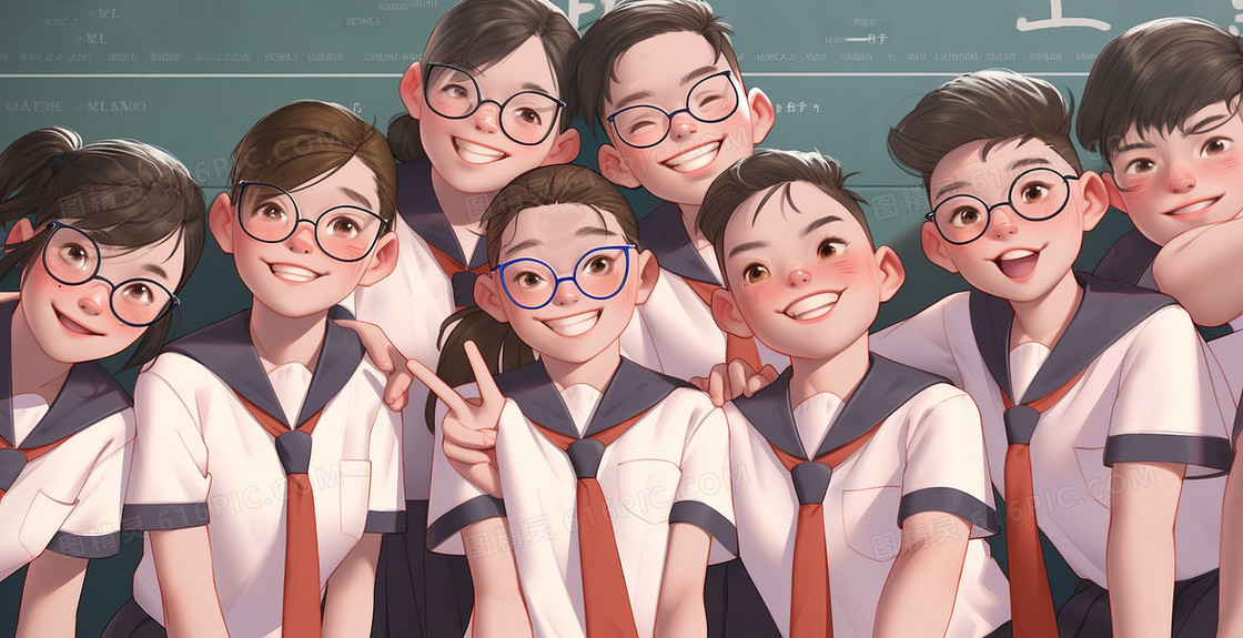 穿着校服的学生们开心的在教室合影
