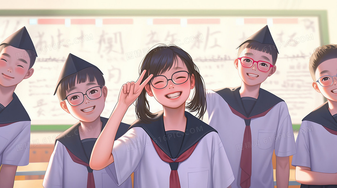 毕业季可爱的学生们在教室合影留念创意插画