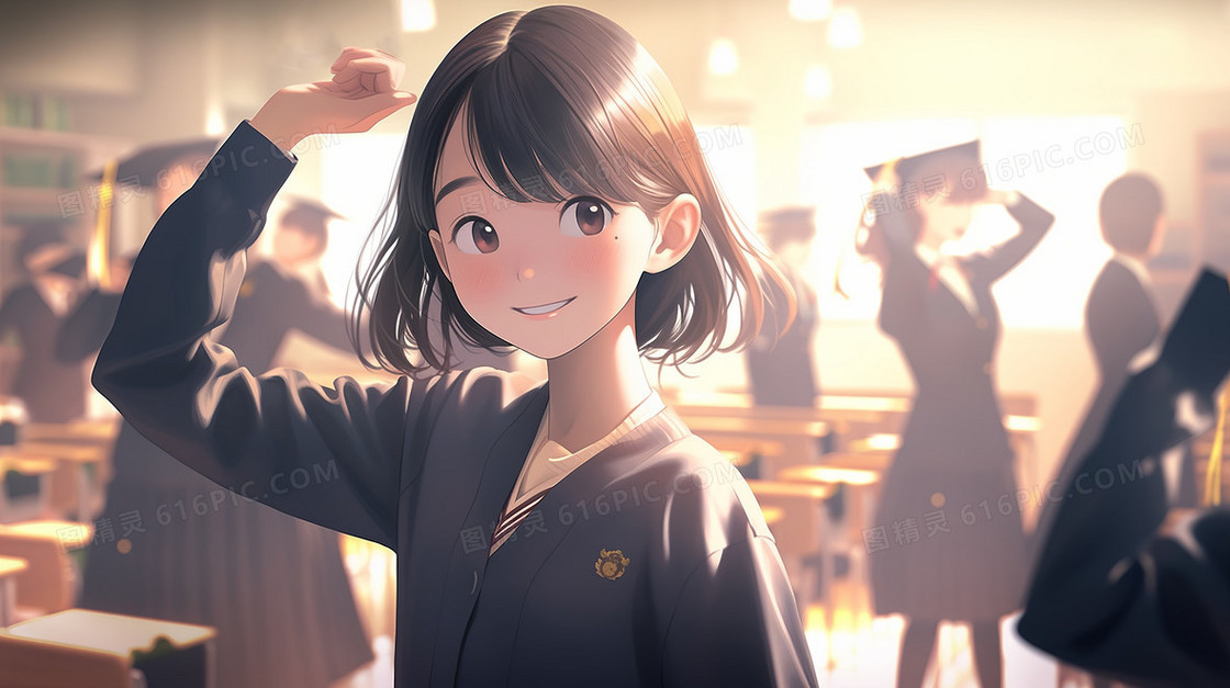 唯美动漫风毕业季可爱女学生合影留念创意插画