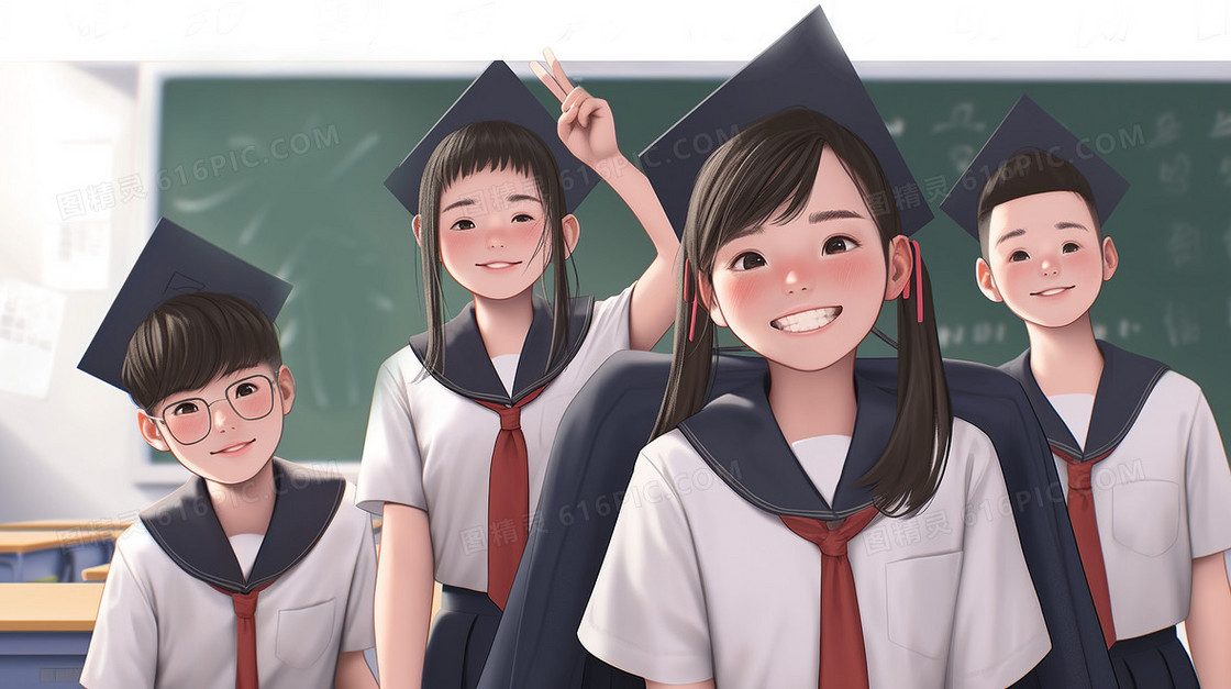 毕业季可爱的学生们在教室合影留念创意插画