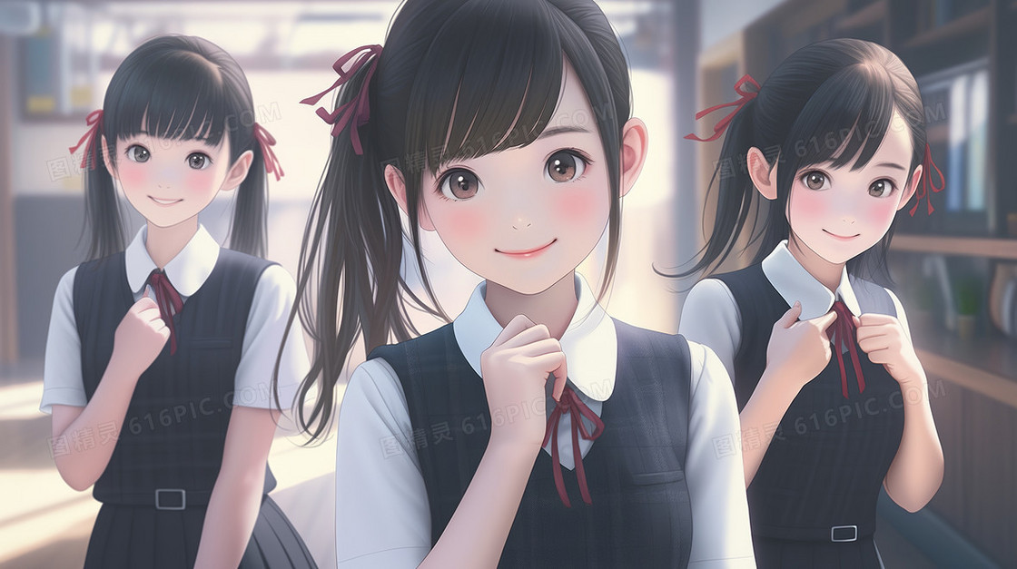 唯美动漫风毕业季可爱女学生合影留念创意插画