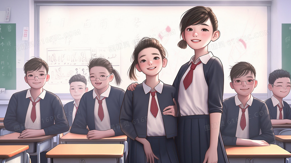 毕业季可爱的学生们在教室合影留念创意插画