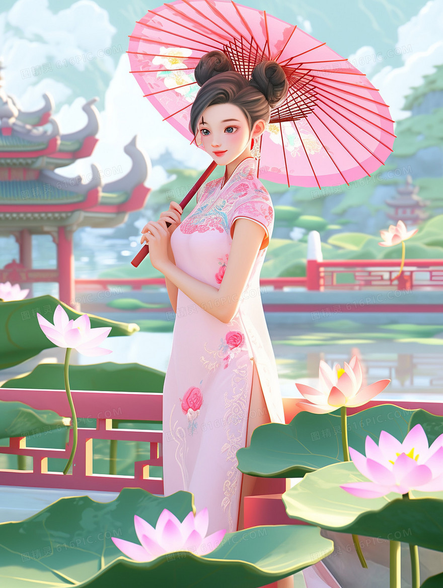 穿着中国旗袍的气质美女在荷花池边撑着纸伞赏花