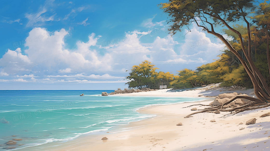 蓝色夏季清凉海边度假插画