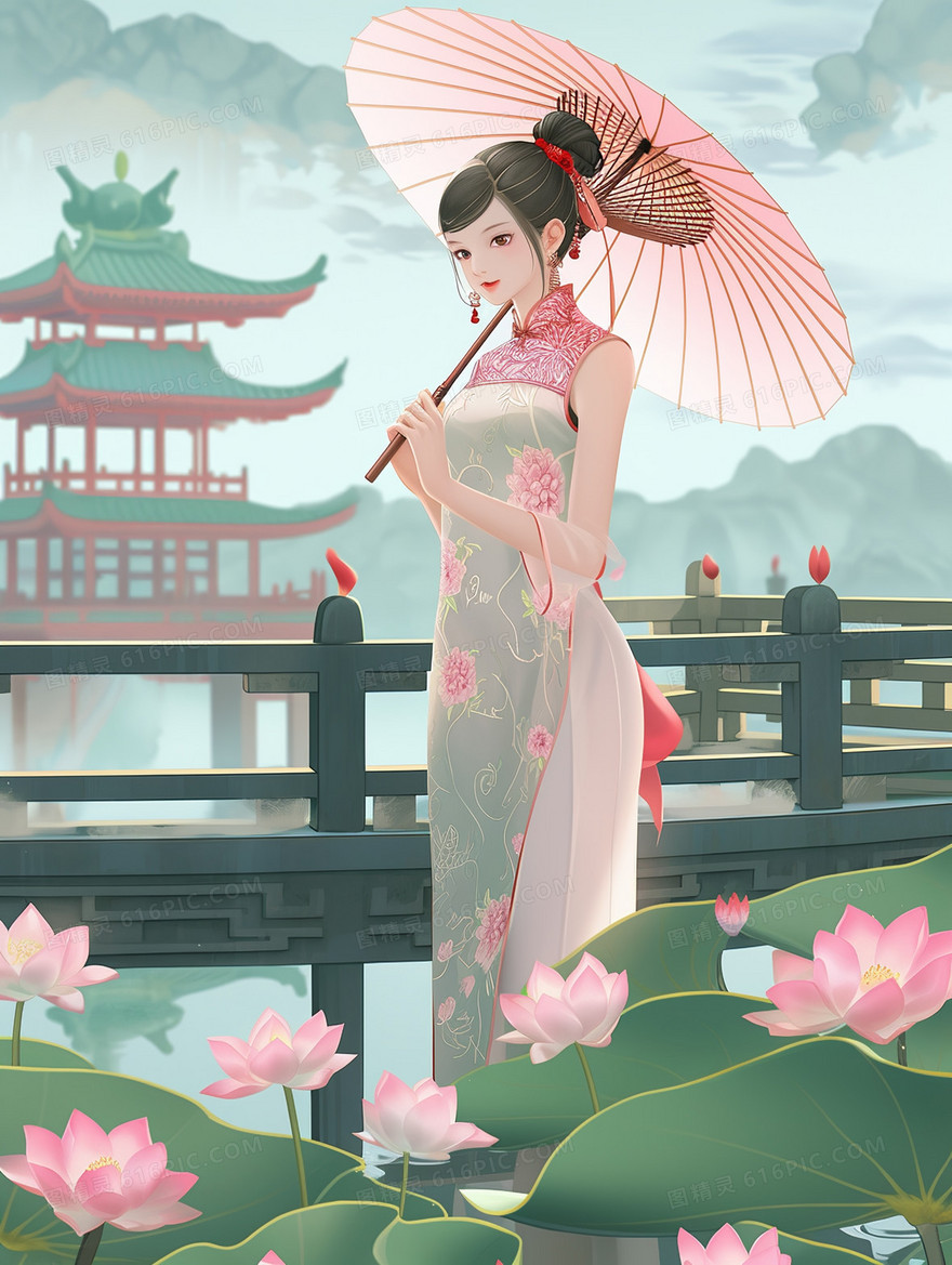 穿着中国旗袍的气质美女在荷花池边撑着纸伞赏花