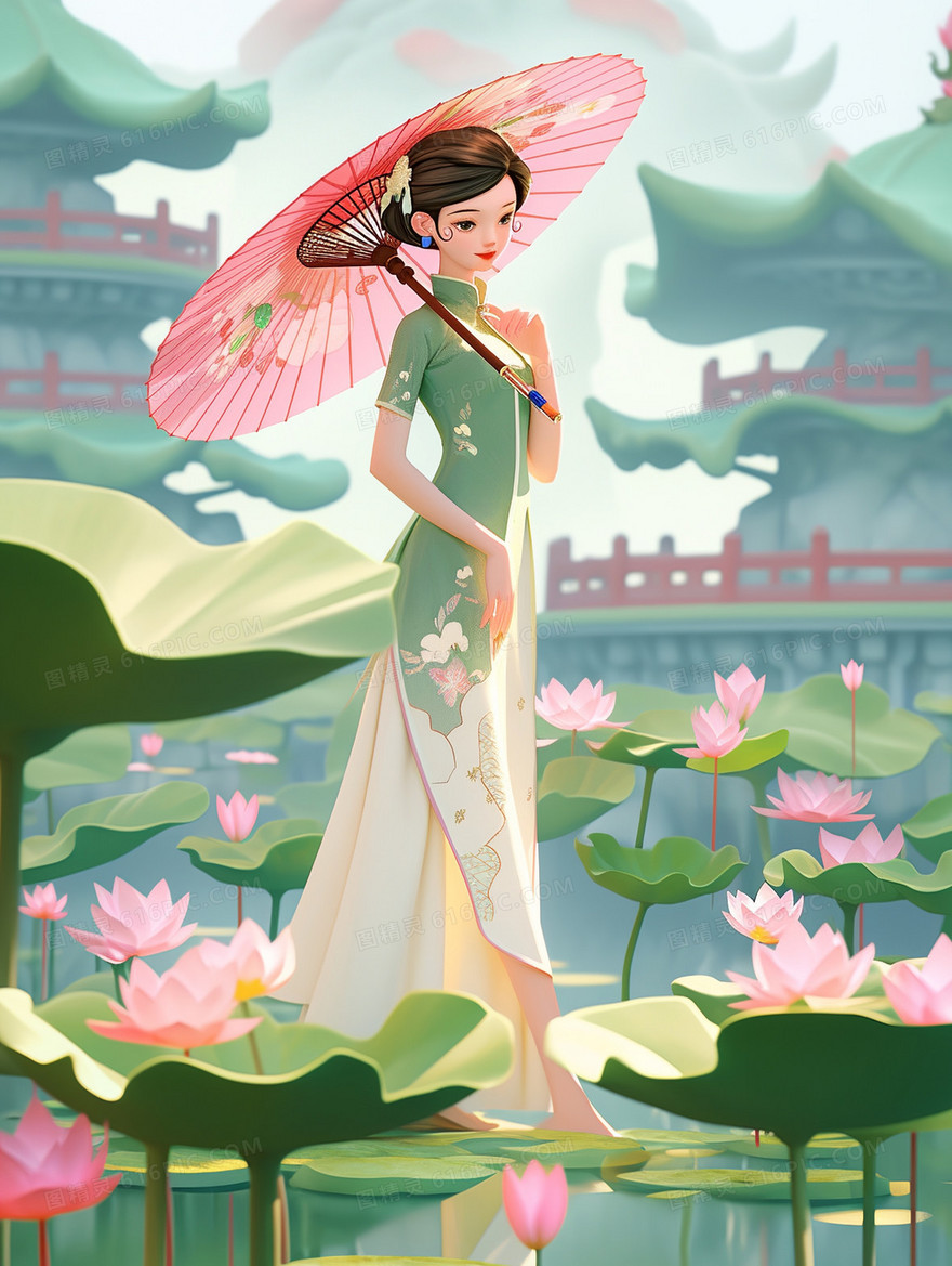 穿着中国旗袍的气质美女在荷花池边撑着纸伞赏花