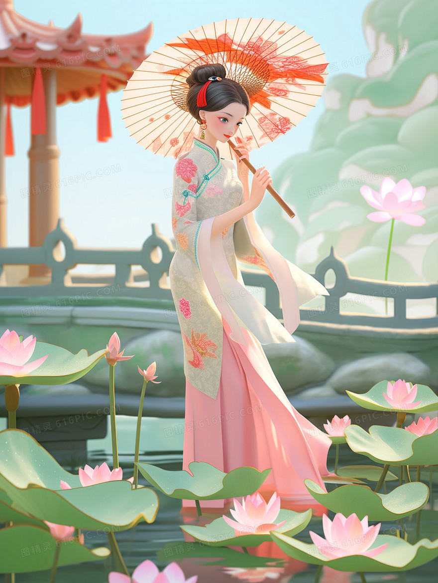 穿着中国旗袍的气质美女在荷花池边撑着纸伞赏花