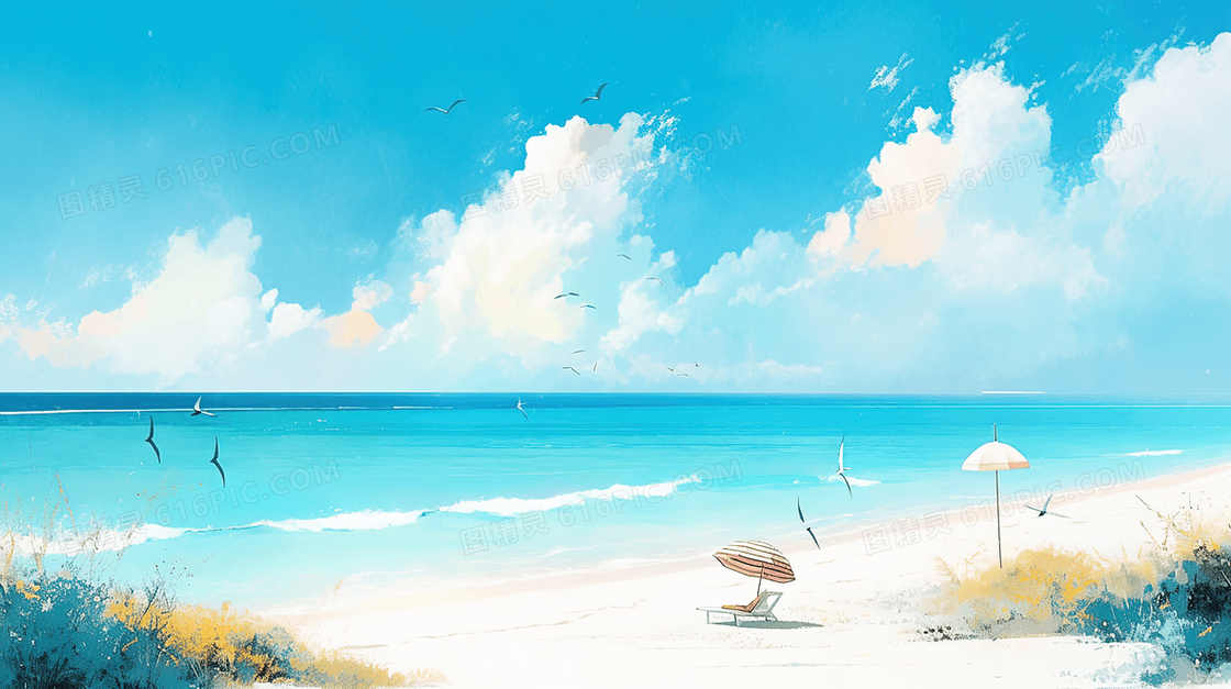 蓝色夏季清凉海边度假插画