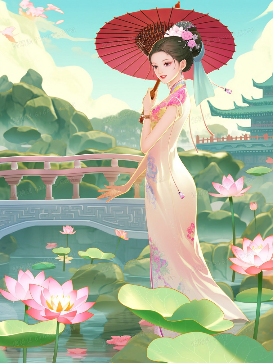 穿着中国旗袍的气质美女在荷花池边撑着纸伞赏花
