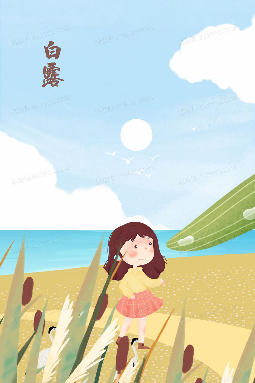 白露节气女孩接露珠手绘插画