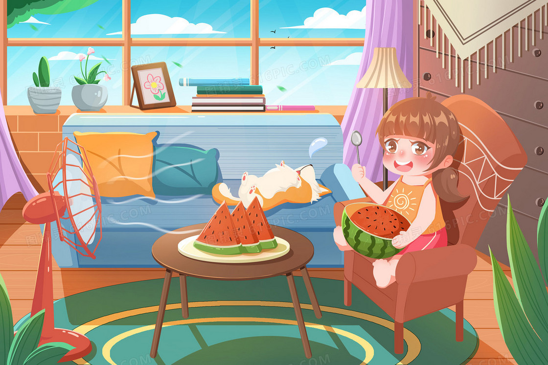 夏天室内吃西瓜吹风扇的女孩插画