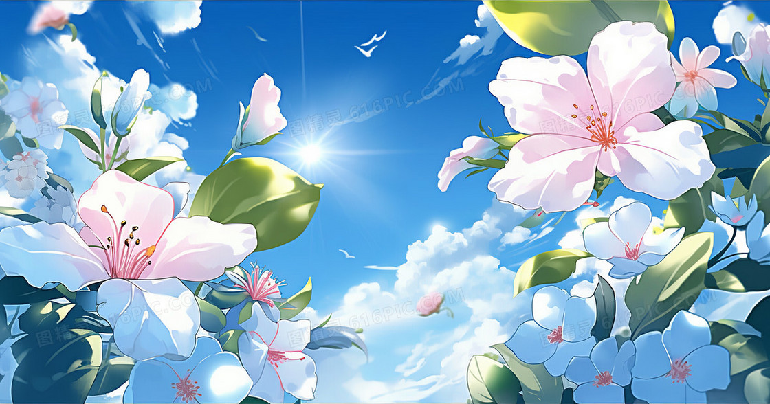 清新唯美蓝天白云与樱花