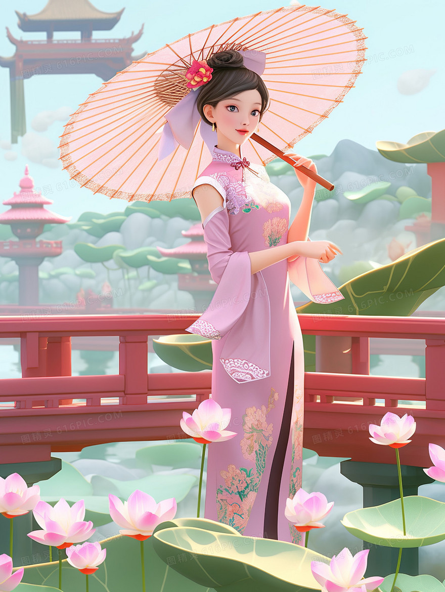 穿着中国旗袍的气质美女在荷花池边撑着纸伞赏花