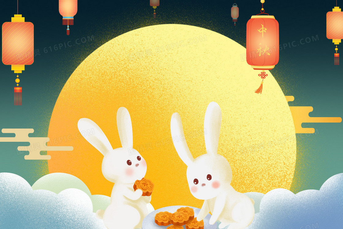 中秋月亮下玉兔吃月饼插画