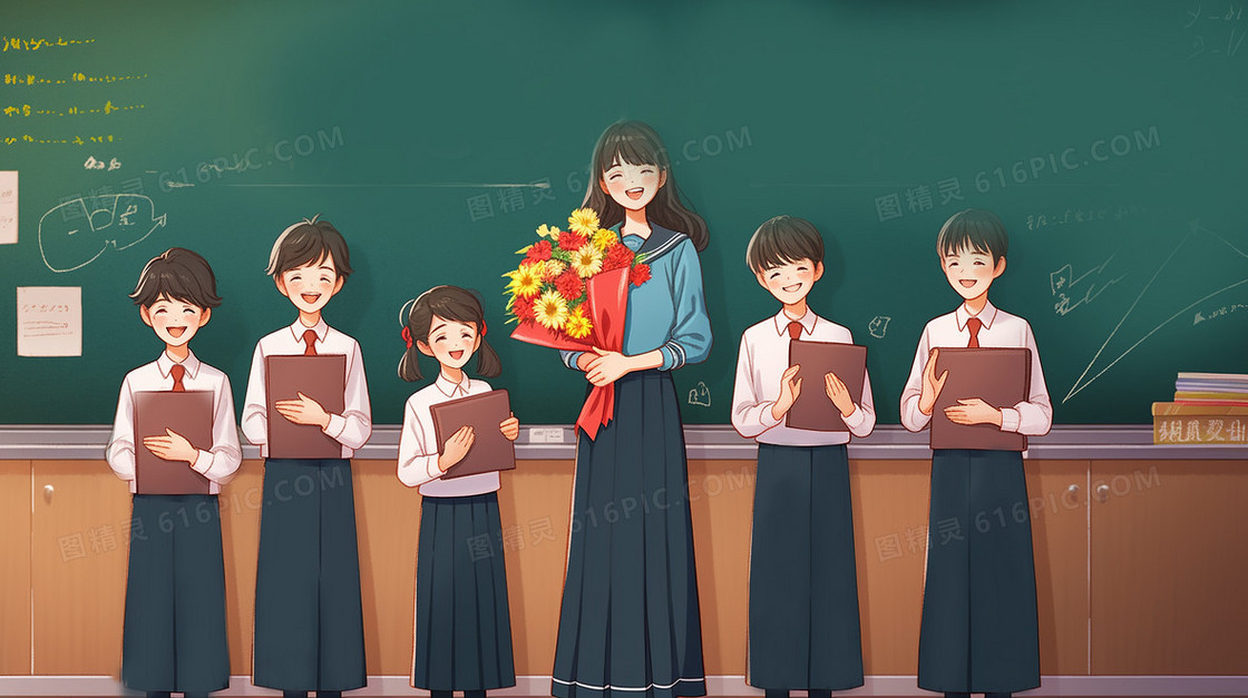 学生们在教室给老师送花合照创意插画