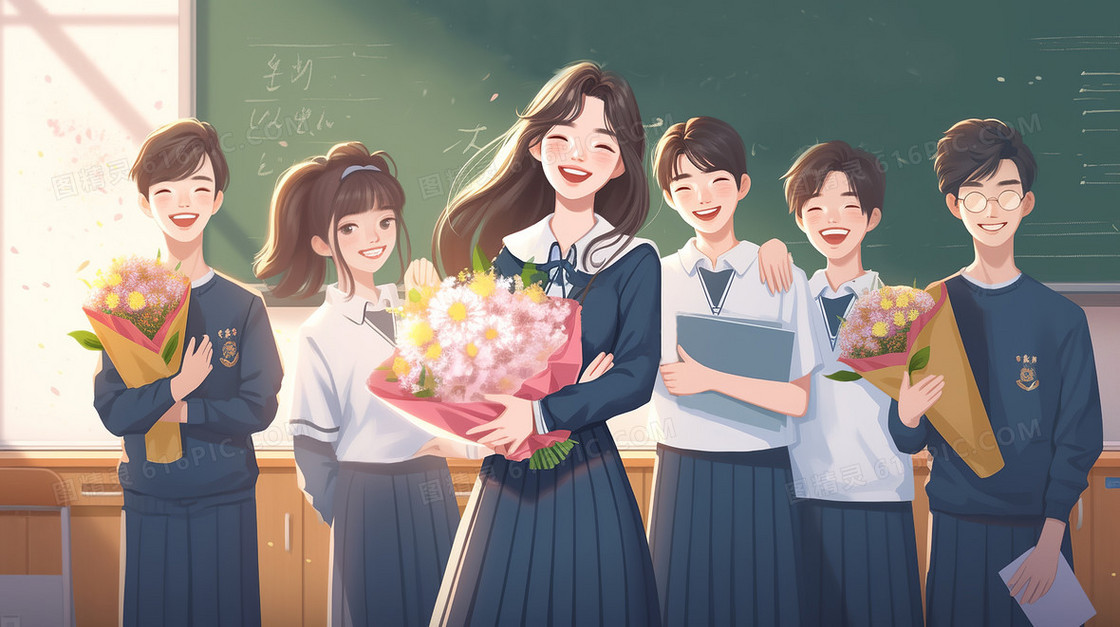 学生们在教室给老师送花合照创意插画