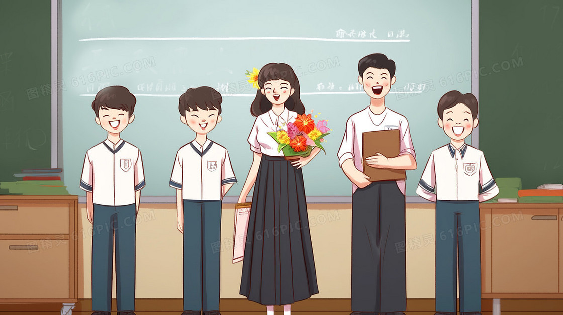 学生们在教室给老师送花合照创意插画