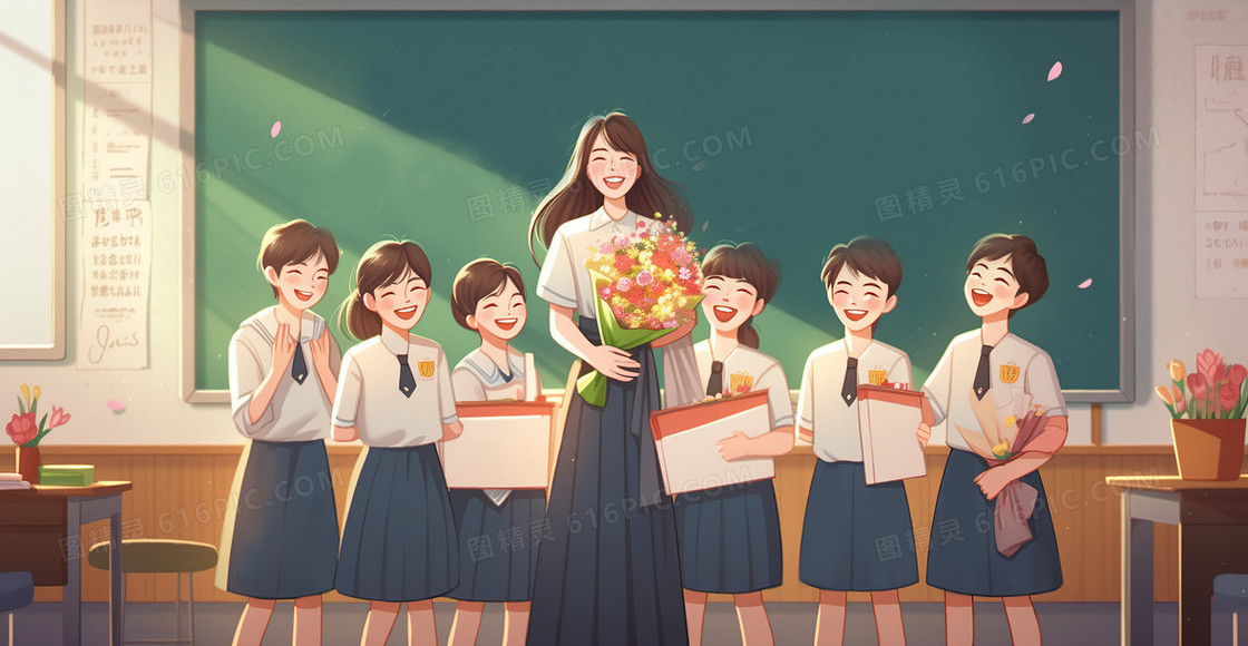 学生们在教室给老师送花合照创意插画