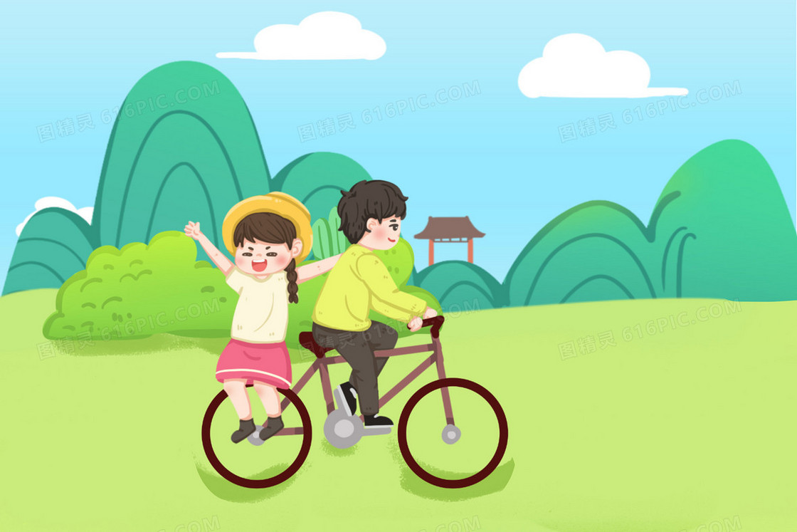男孩载着女孩骑行插画