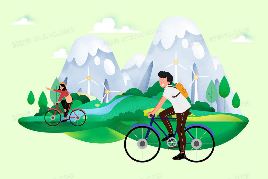 绿色世界骑行日骑自行车创意插画