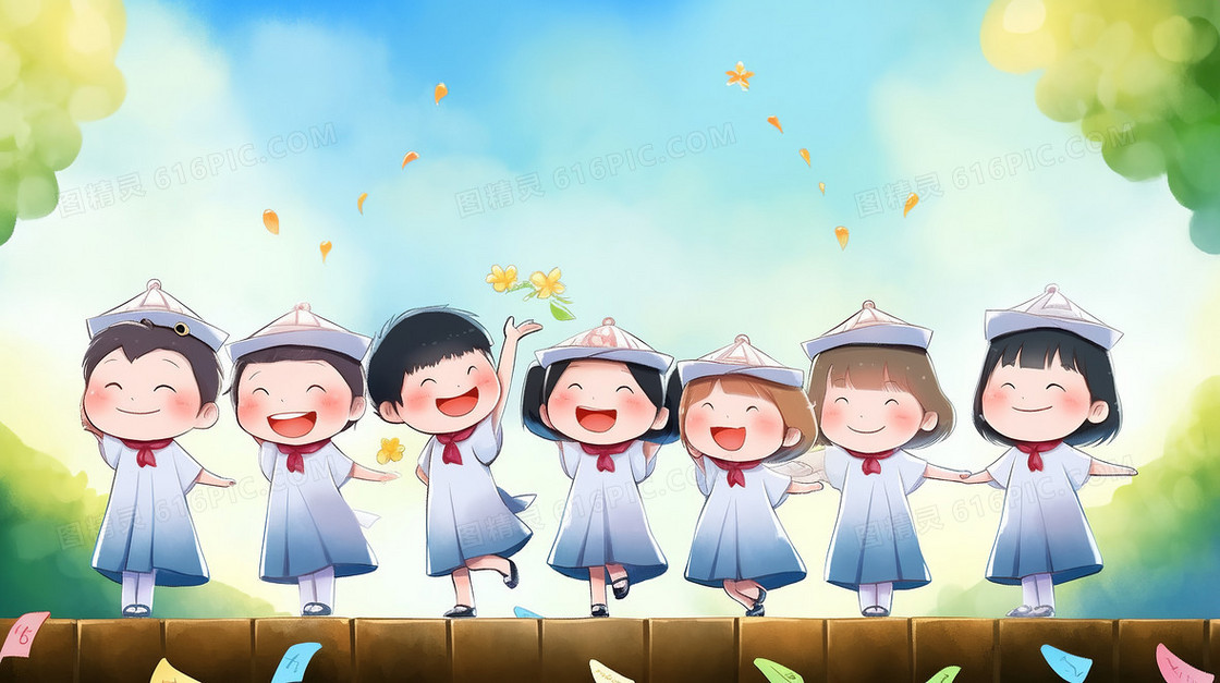  可爱的小朋友在幼儿园毕业晚会舞台上开心的合影拍照卡通插画