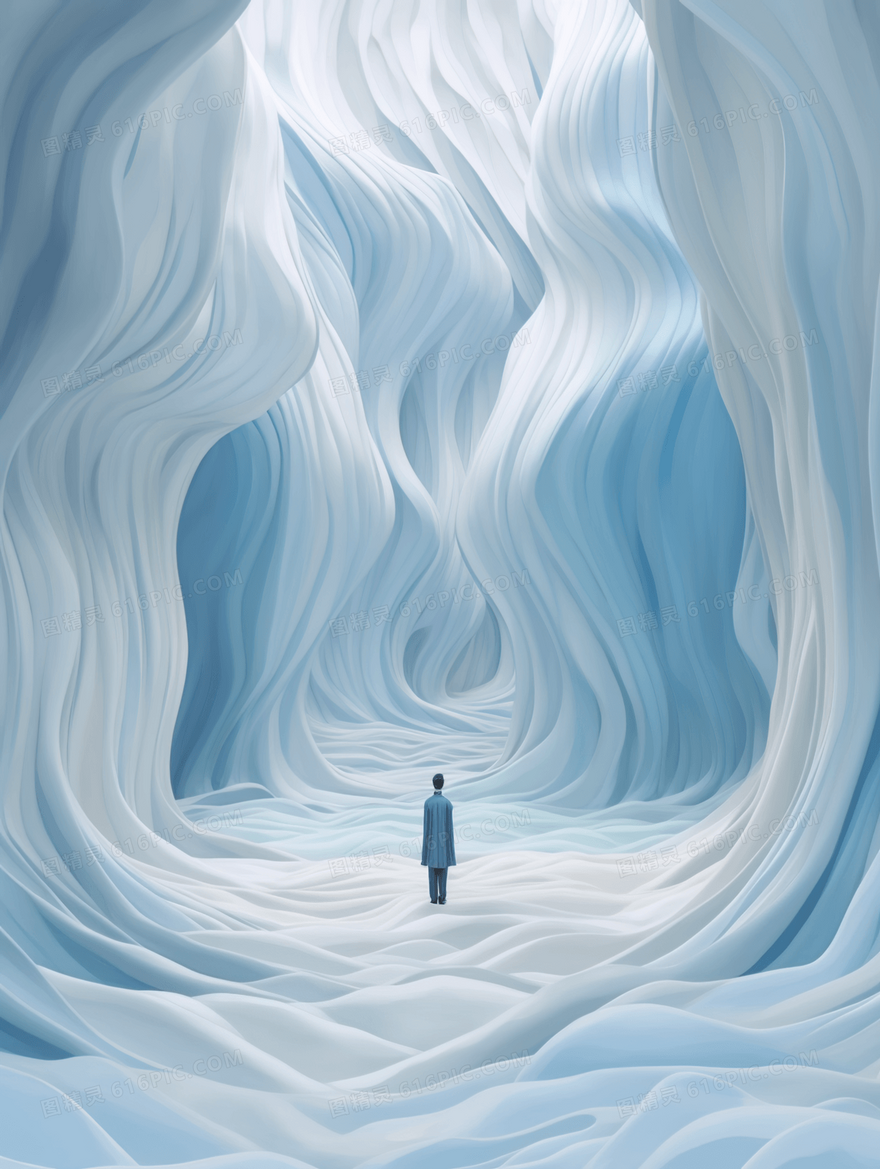 蓝色清凉雪山内部唯美插画