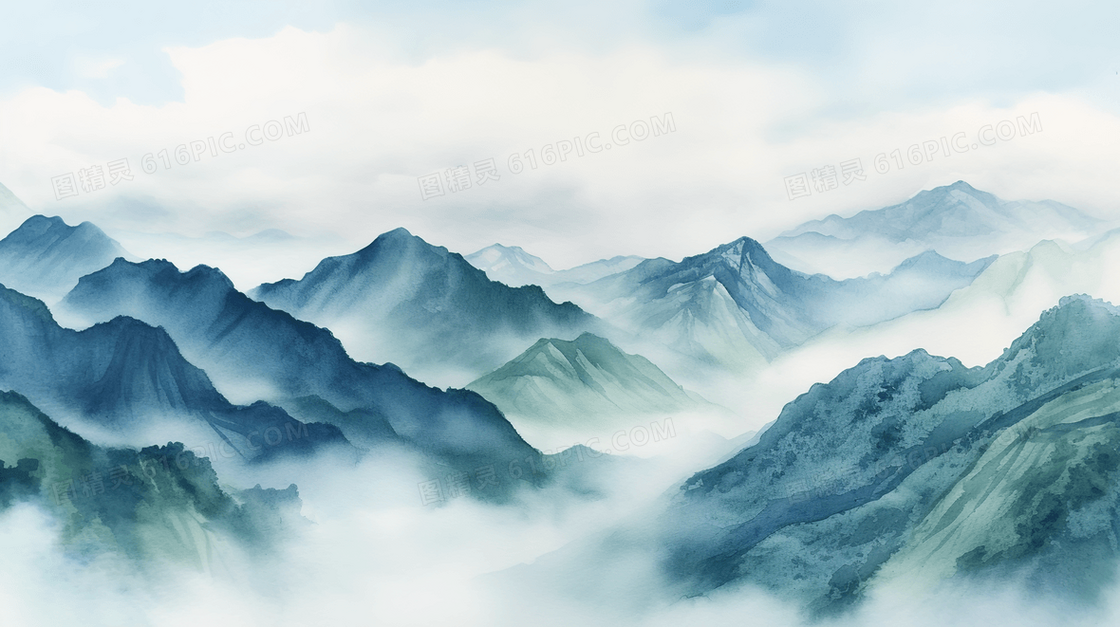 淡雅中国风远山风景插画