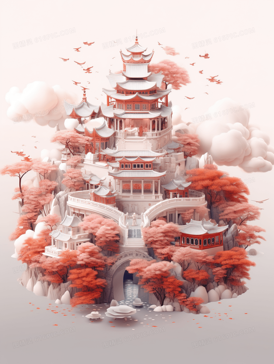 彩色中国风古典建筑插画