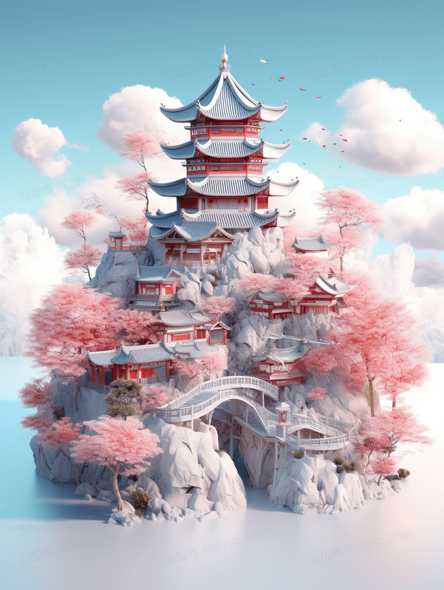 彩色中国风古典建筑插画